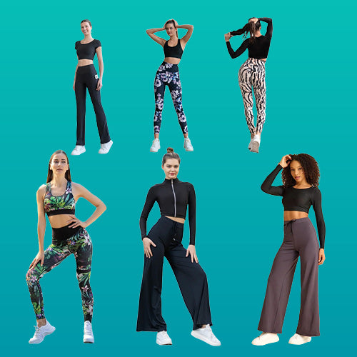 Sechs Personen posieren in verschiedenen sportlichen und lässigen Outfits vor einem blaugrünen Hintergrund.