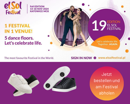 Buntes Festivalplakat mit Tänzern und Turnschuhen. Text zum El Sol Festival 2024 und Informationen zur Schuhbestellung.