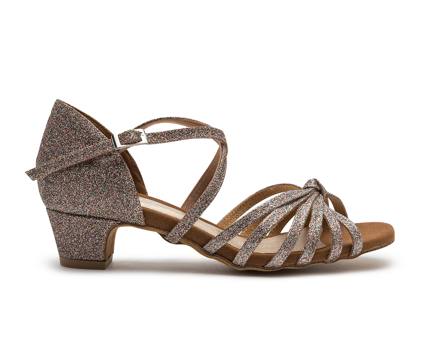 Die 205 Tanzschuhe von Dancing Queens in Multiglitter haben einen niedrigen Absatz, überkreuzte Riemen und einen seitlichen Schnallenverschluss.