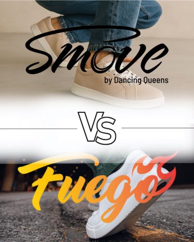 Oben: beige Turnschuhe mit Jeans, Smove von Dancing Queens. Unten: weiße Sohle der Turnschuhe, Fuego mit Flammen.