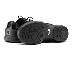 Fuego Dance Sneakers Split Sole x Derek Hough, schwarzes Leder, einer aufrecht, einer auf der Seite.