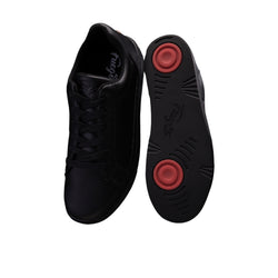 Fuego Tanzschuhe: Fuego Low-Top Tanzsneaker in Schwarz mit roten Kreissohlen; eine aufrecht, eine seitlich.