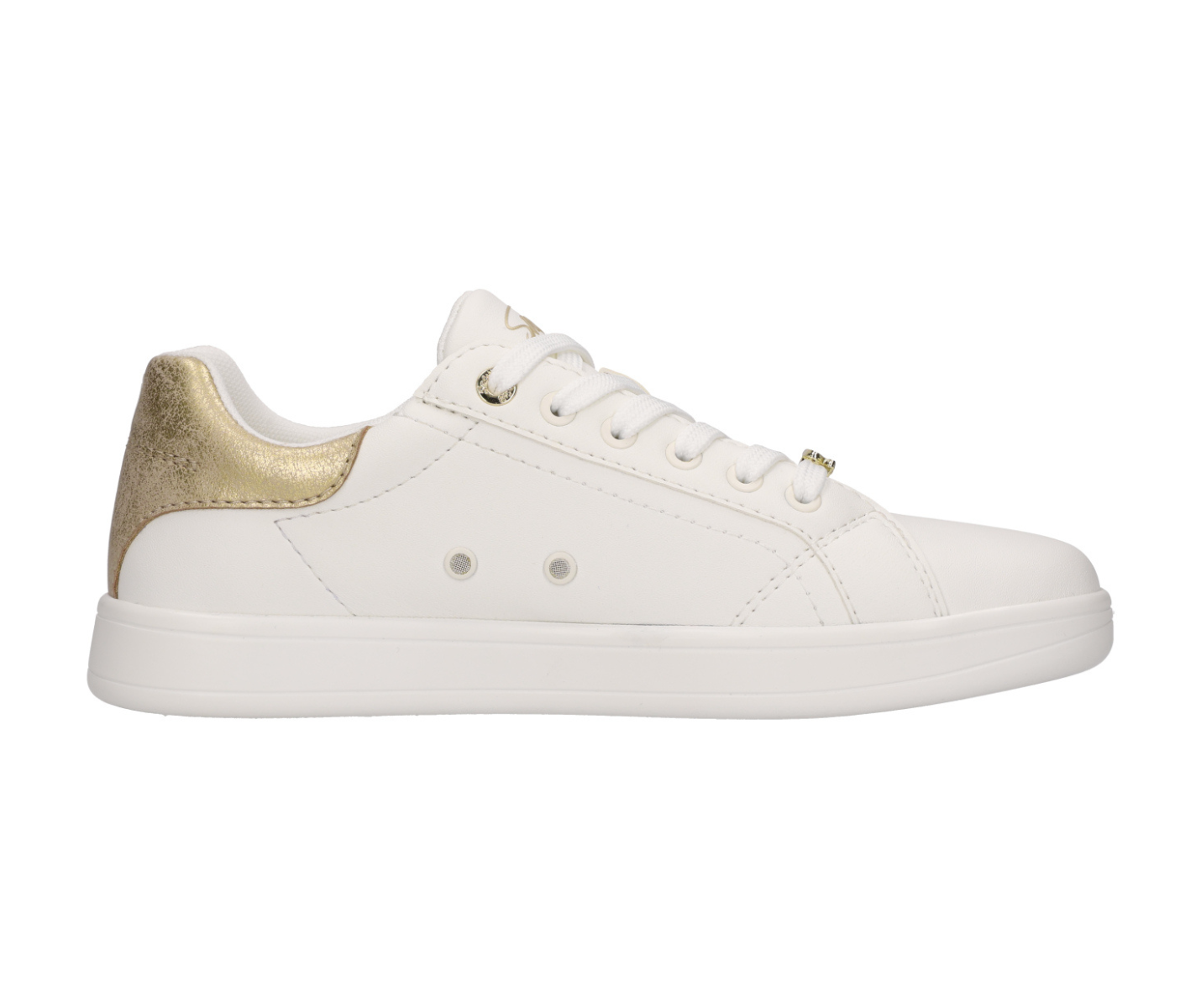 Die Dancing Queens SMOVE Accent Tanzsneaker in Weiss Gold für Frauen, mit goldenem Absatz und weißen Schnürsenkeln, Seitenansicht.