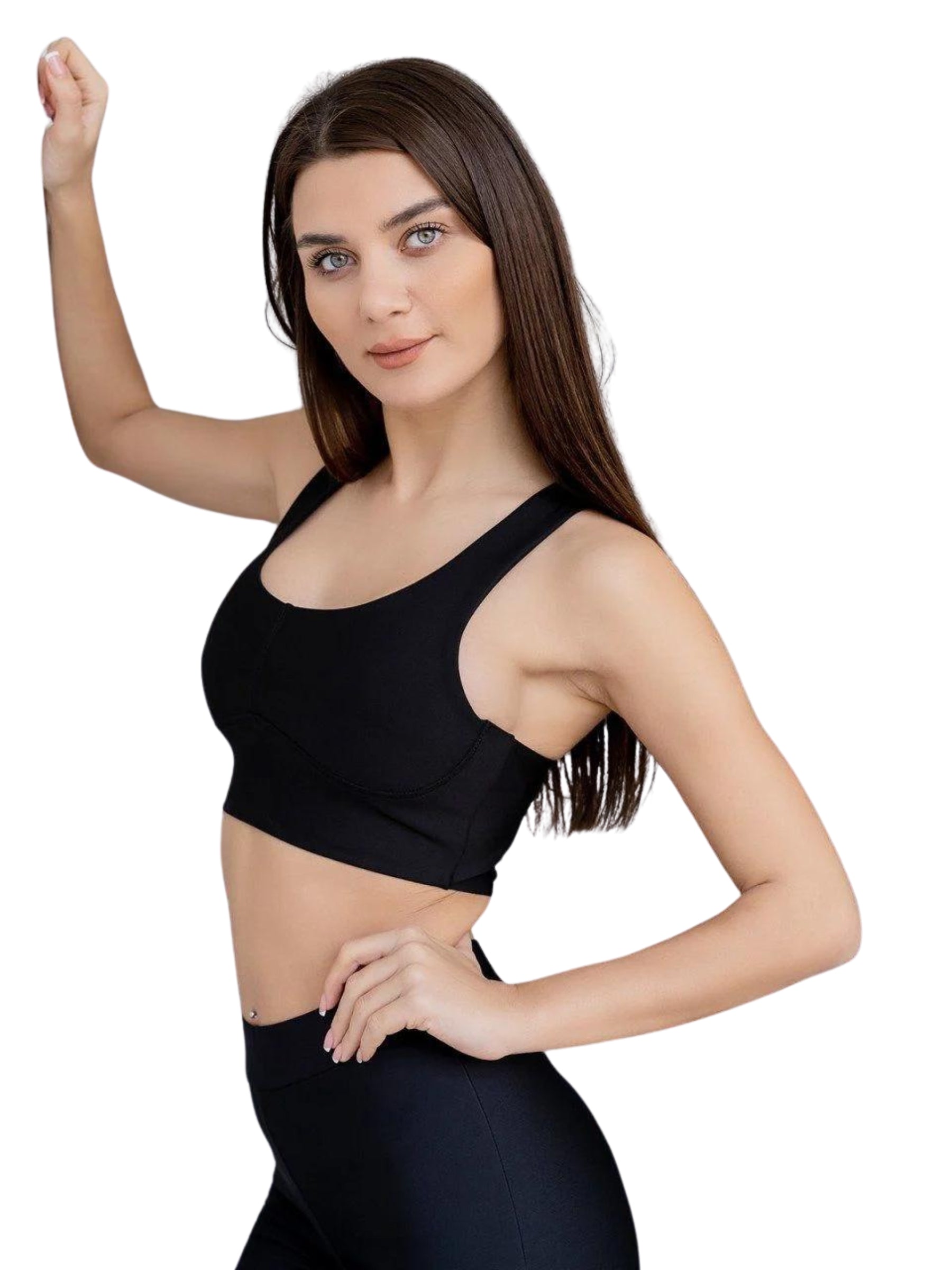 Lisminas 237 Fit Sport-BH in Schwarz, getragen von einer selbstbewussten Frau, die vor einem weißen Hintergrund posiert.