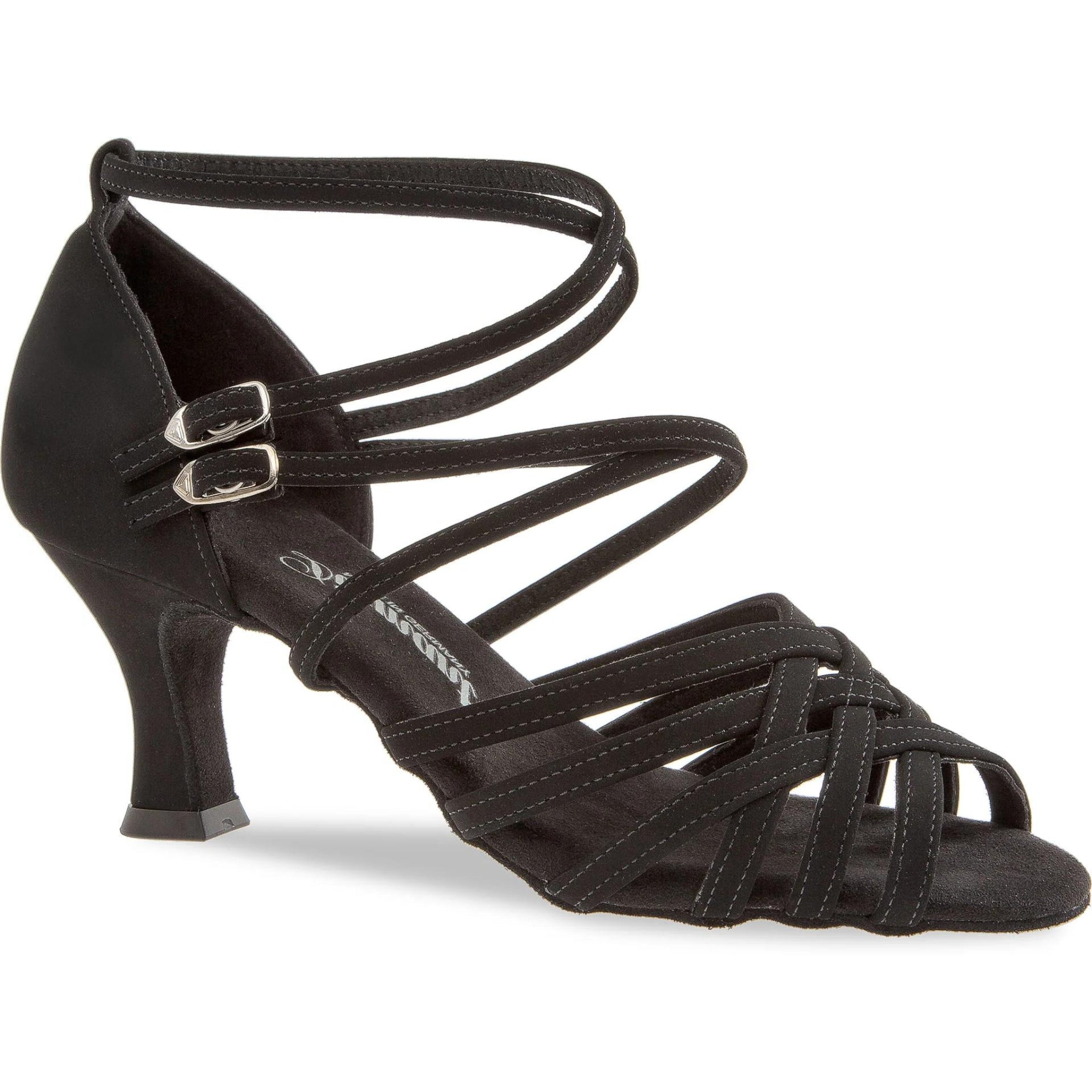 Die 108 Tanzschuhe von Diamant in Schwarz verfügen über schwarze Mikrofaser, mittelhohe Absätze und Knöchelriemen mit Doppelschnalle.