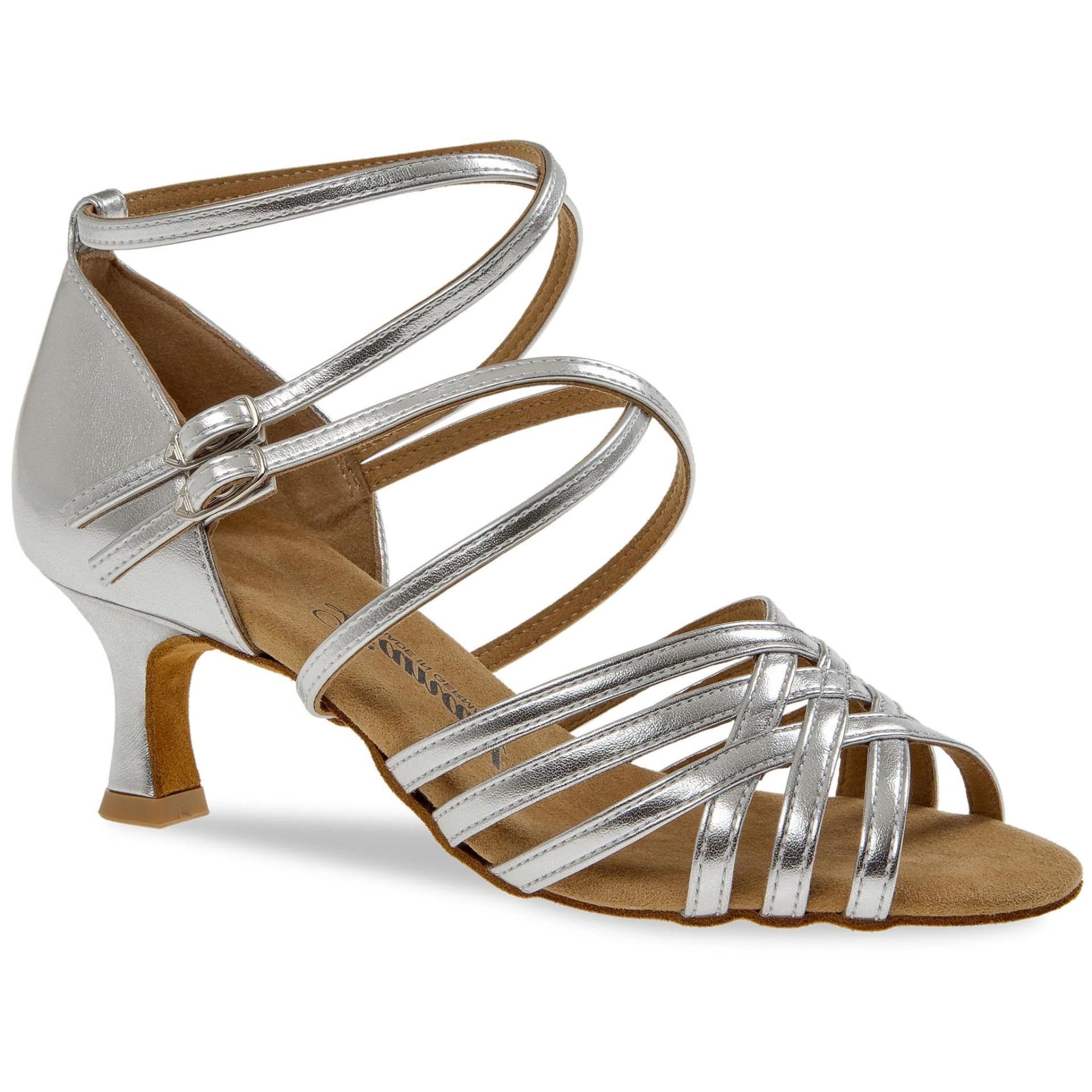 Diamant 108 Tanzschuhe in Silber: Handgefertigt mit niedrigem Absatz und Knöchelriemen.