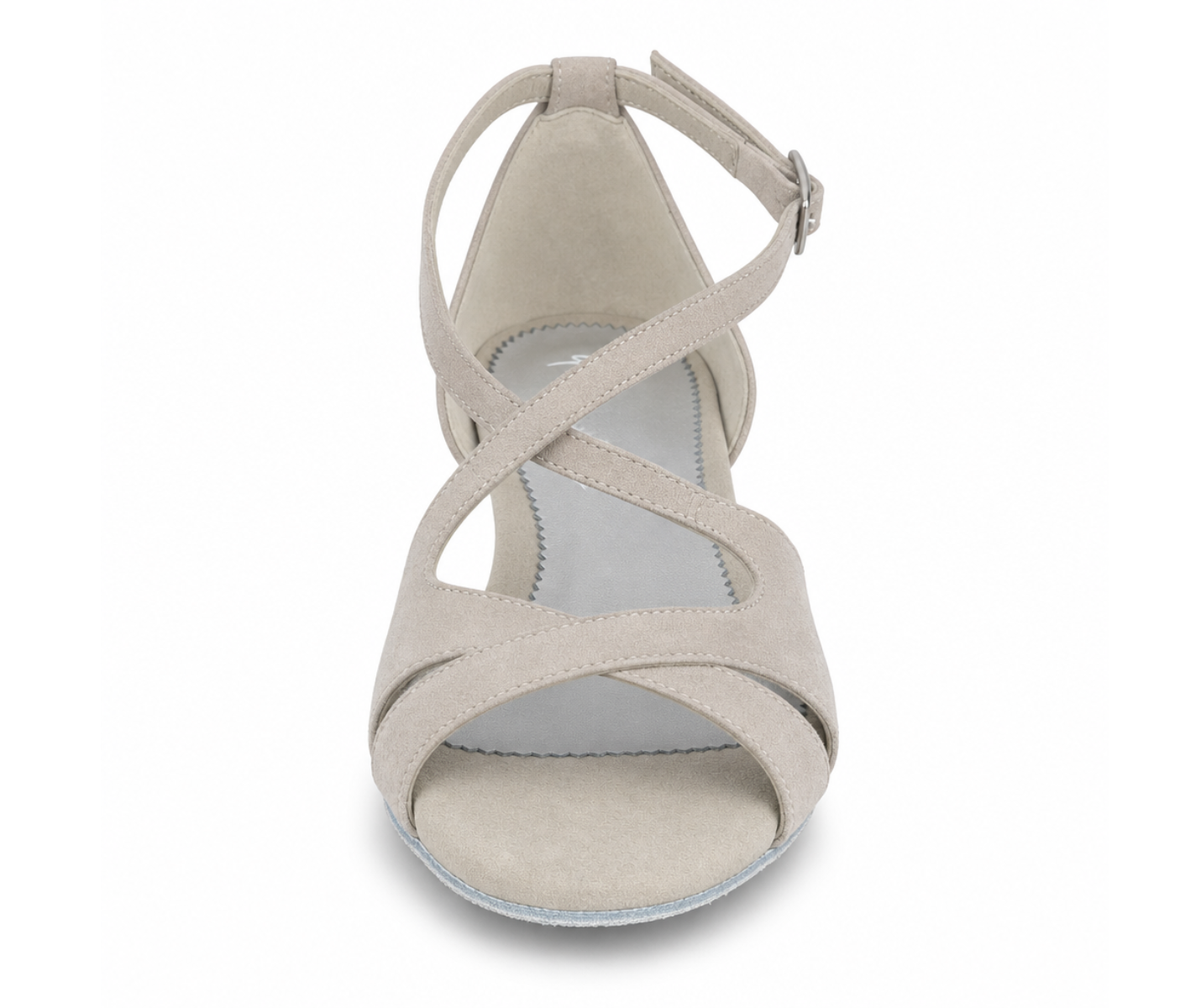 Grace Harmony Tanzschuhe aus beigem Wildleder von Dancing Queens, vorne mit Riemen und offener Spitze, Damenmodell.