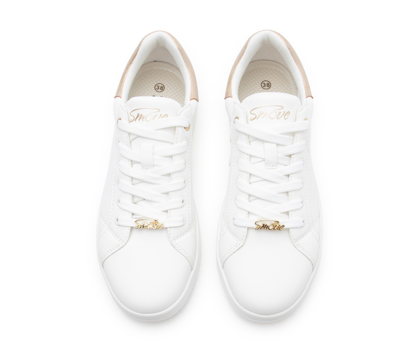 SMOVE Accent Tanzsneaker in Weiss Gold von Dancing Queens, mit goldenen Smoove-Tags, Draufsicht.