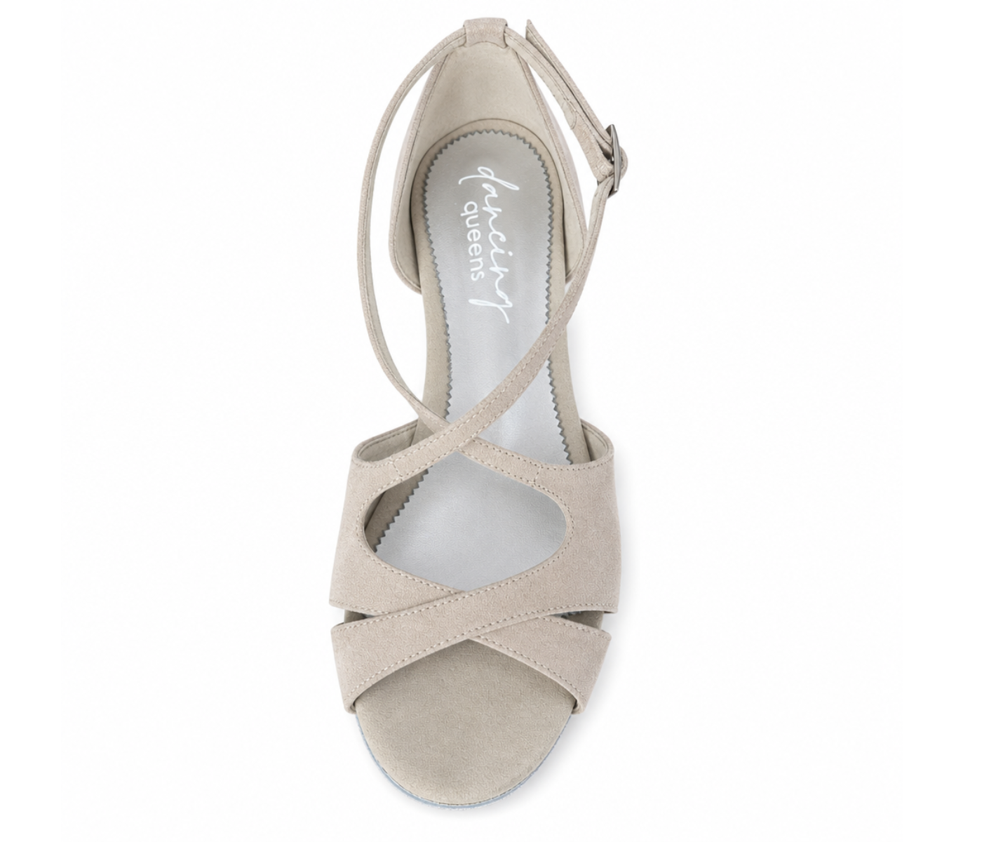 Dancing Queens Grace Harmony Tanzschuhe, beige Wildleder, Kreuzriemen und Knöchelriemen, offene Spitze.