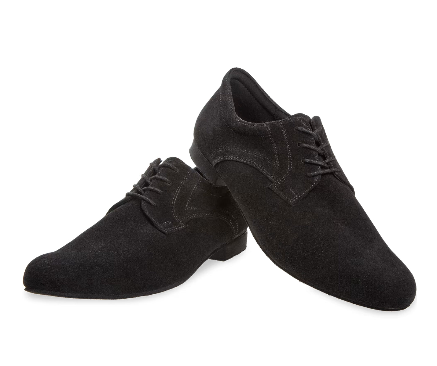 Diamant's schwarze Velourleder-Tanzschuhe, ideal für besonders breite Füße, mit einer leichten Absatzerhöhung an einem Schuh.