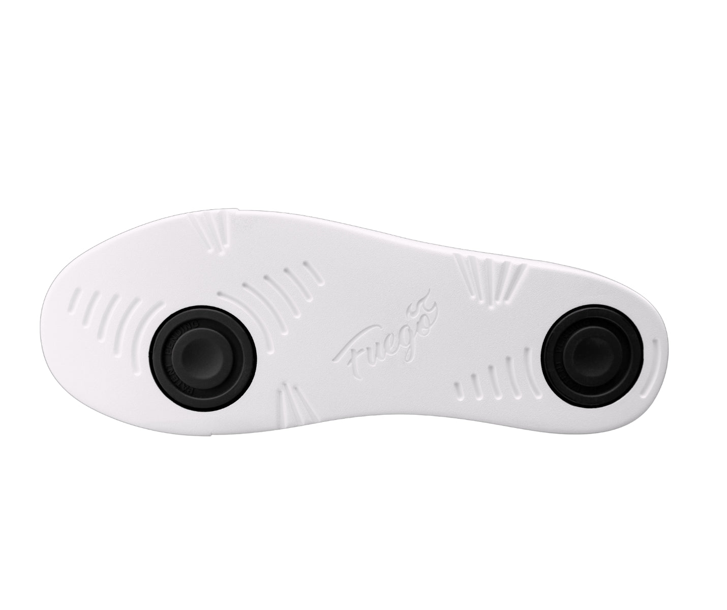 Weiße Sohle mit schwarzen Einsätzen, Prägung „Fuego Dance Shoes“, auf Fuego Low-Top Dance Sneakers in Weiss.