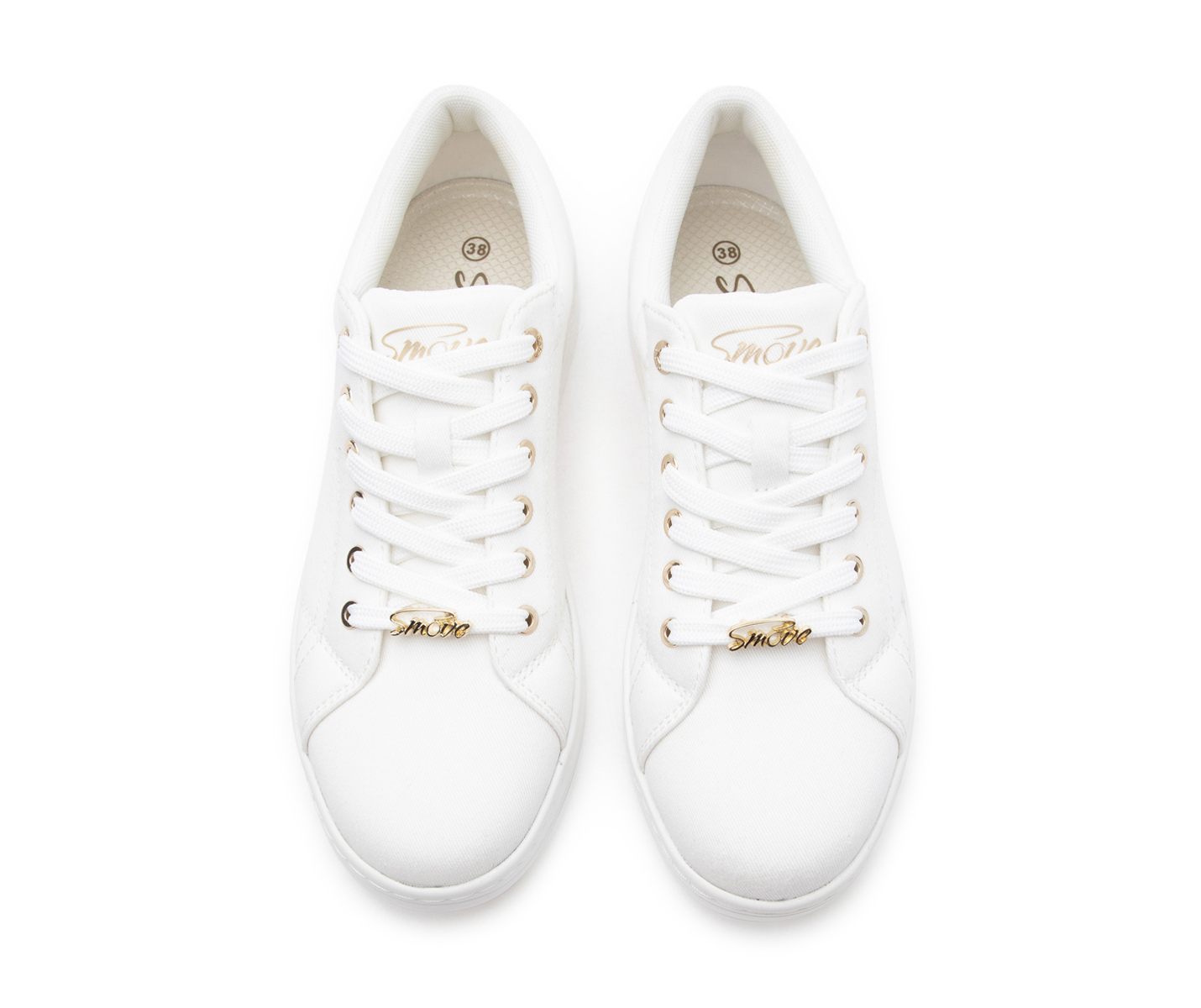Dancing Queens SMOVE Breeze Tanzsneaker in Weiss Canvas für Frauen mit goldenen Tags und weißen Schnürsenkeln, von oben.