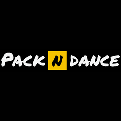 „DanceWithGeorge – PacknDance“-Text auf gelbem, fettem schwarzem „N“, ideal für Tanzkurse-Fans.
