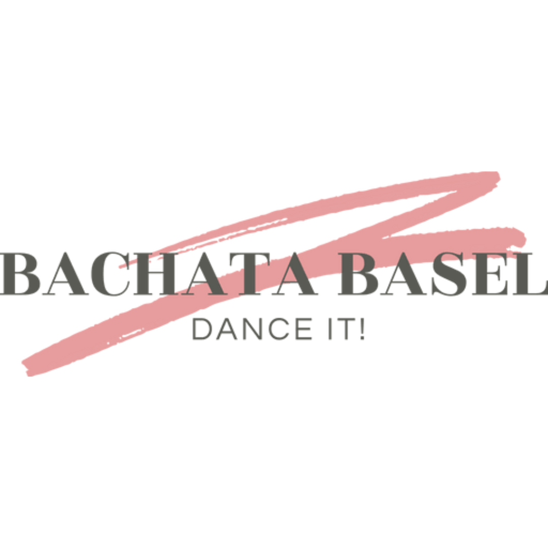 Logo mit dem Text „Bachata Basel“ über einem rosa Pinselstrich, „Tanz es!“ und zeigen Sie unten Ihre Tanzkurse-Identität.