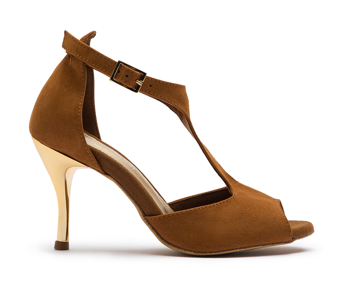 Grace Serenity Tanzschuhe in Braun Wildleder von Dancing Queens: goldener Stiletto, Knöchelriemen, stylisch & bequem.