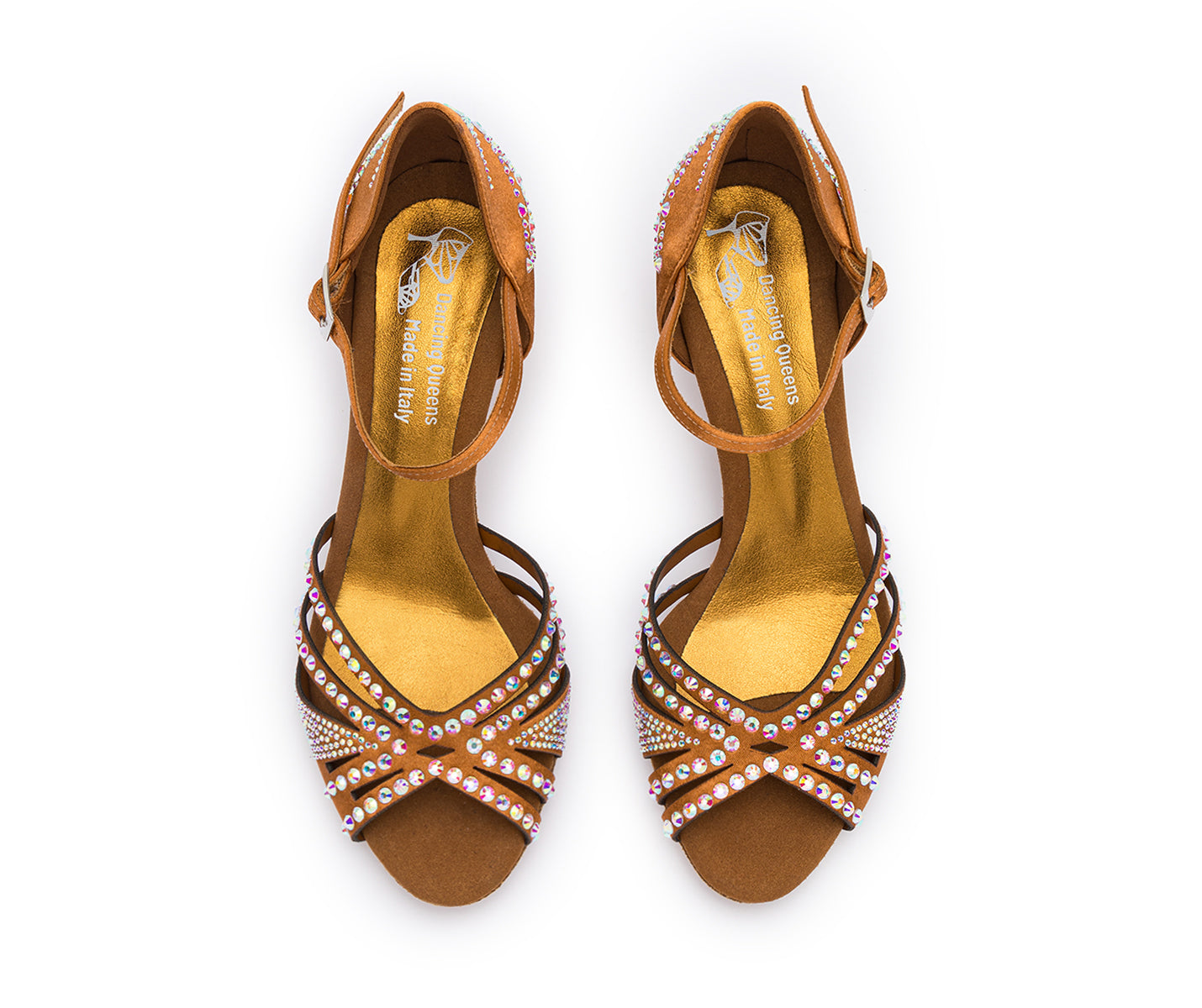 Draufsicht auf bronzefarbene DQ L3M Tanzschuhe von Dancing Queens mit Strasssteinen auf weißem Hintergrund.