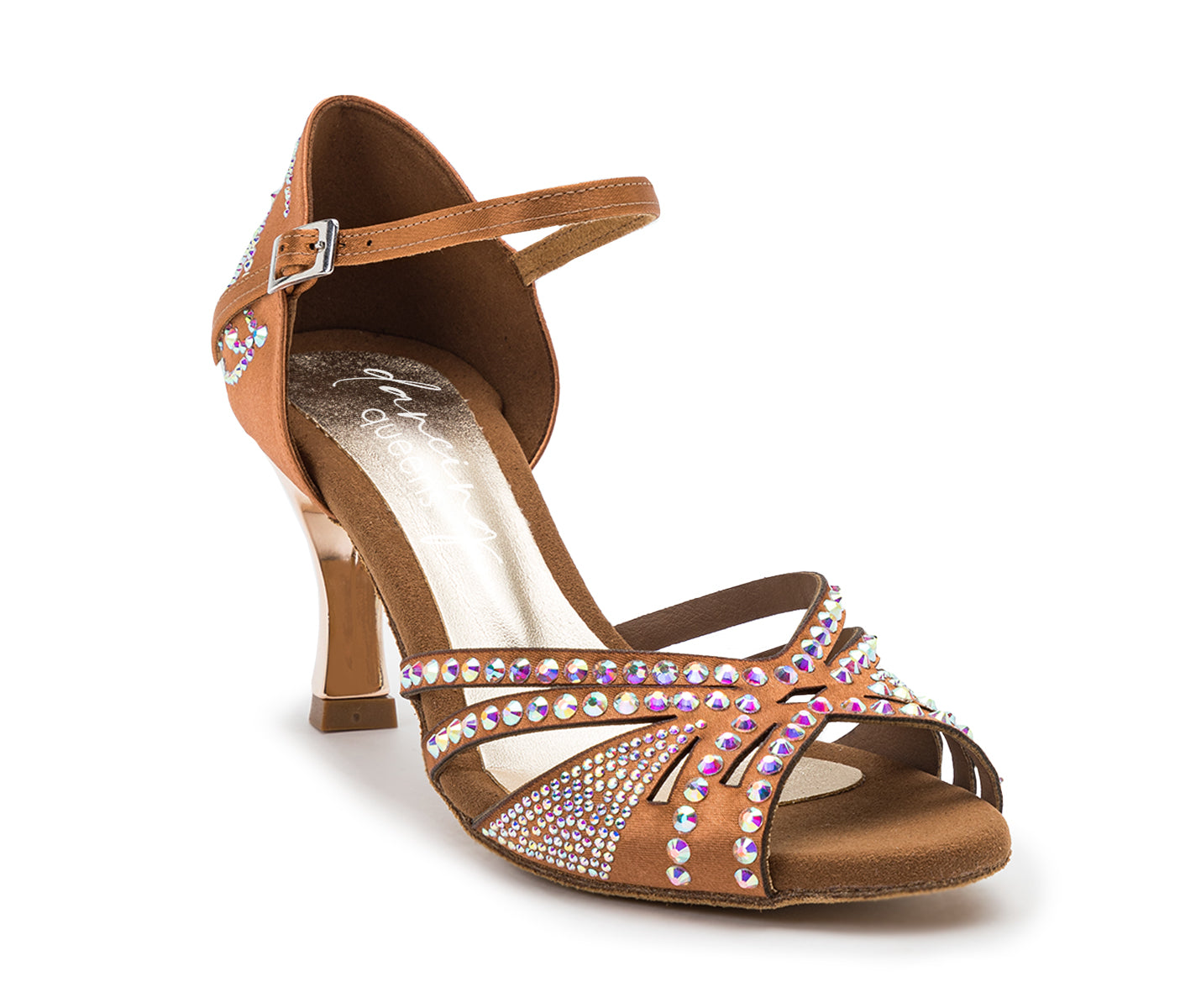 DQ L3M Tanzschuhe von Dancing Queens: Bronzefarbene Sandale mit Strass und Fesselriemchen, ideal für Salsa oder Bachata.