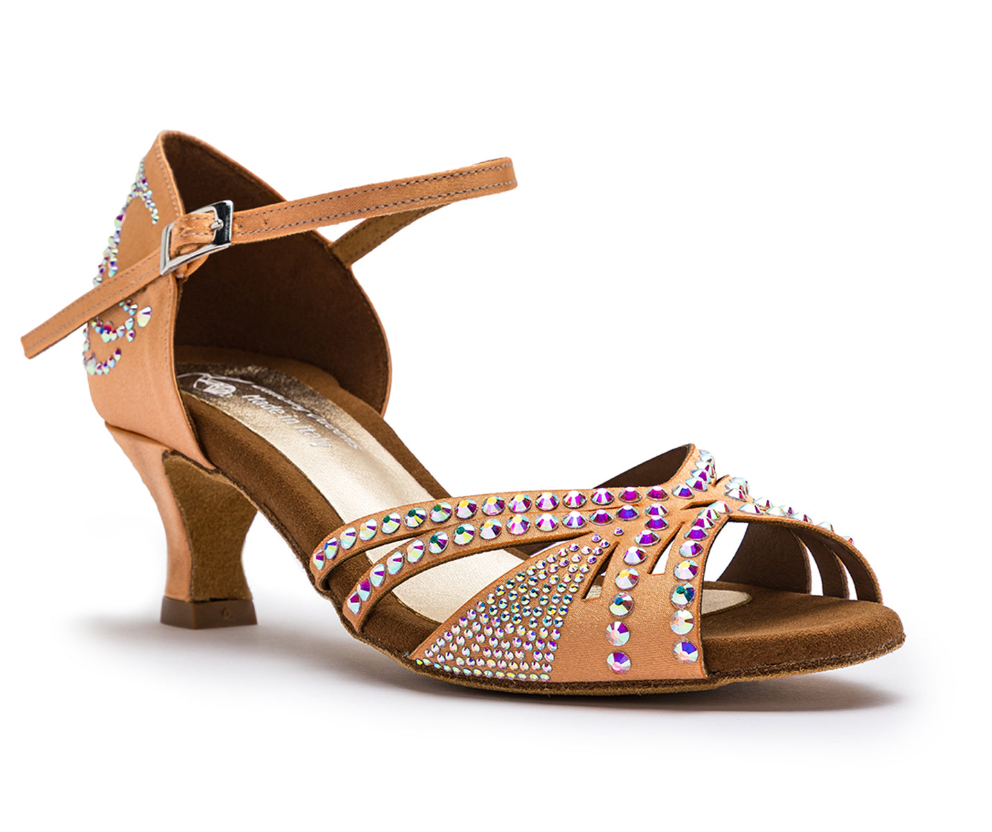 DQ L3M Tanzschuhe in Flesh mit Strass von Dancing Queens: Mittlerer Absatz, Strasssteine und Knöchelriemen – ideal zum Salsa-Tanzen.