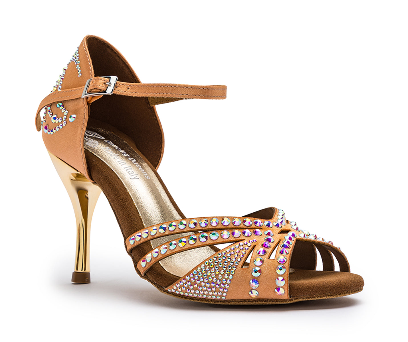 Dancing Queens DQ L3M Tanzschuhe in Flesh mit Strass, hellbraune High Heels mit Strasssteinen und Knöchelriemen.