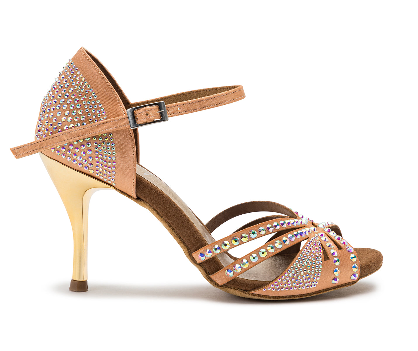 Dancing Queens Sparkle Shine Tanzschuhe in Nude Satin mit Knöchelriemen, goldenem Absatz und Strasssteinen.