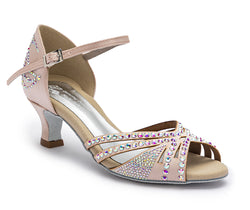 DQ L3M Dancing Queens Sandale in Rosé Cipria mit Strass, offener Spitze, Knöchelriemen, niedriger Absatz.