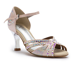 DQ L3M Tanzschuhe von Dancing Queens: Rosé Cipria Satin, Strasssteine, silberner Absatz, Knöchelriemen, offene Spitze.