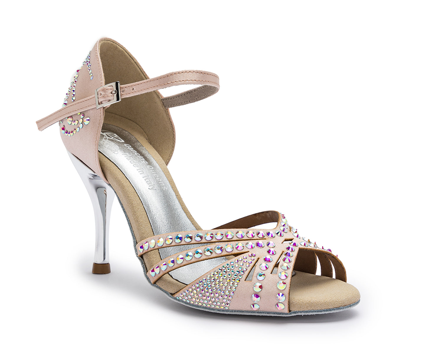 Rosafarbene DQ L3M Tanzschuhe mit hohen Absätzen von Dancing Queens in Rosé Cipria mit Strass, offener Spitze und Fesselriemchen.