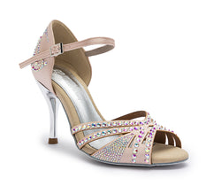 Rosafarbene DQ L3M Tanzschuhe mit hohen Absätzen von Dancing Queens in Rosé Cipria mit Strass, offener Spitze und Fesselriemchen.