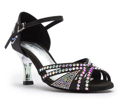 Dancing Queens DQ L3M Tanzschuhe: Schwarze Satin-Heels mit Knöchelriemen und schillerndem Strass.