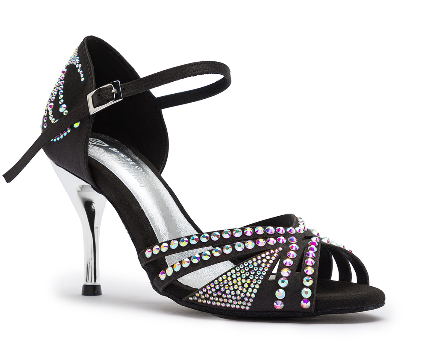 DQ L3M Tanzschuhe: Satinschwarzer Absatz von Dancing Queens, verziert mit Strasssteinen und silbernen Akzenten.