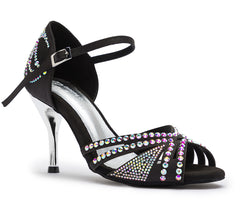 DQ L3M Tanzschuhe: Satinschwarzer Absatz von Dancing Queens, verziert mit Strasssteinen und silbernen Akzenten.
