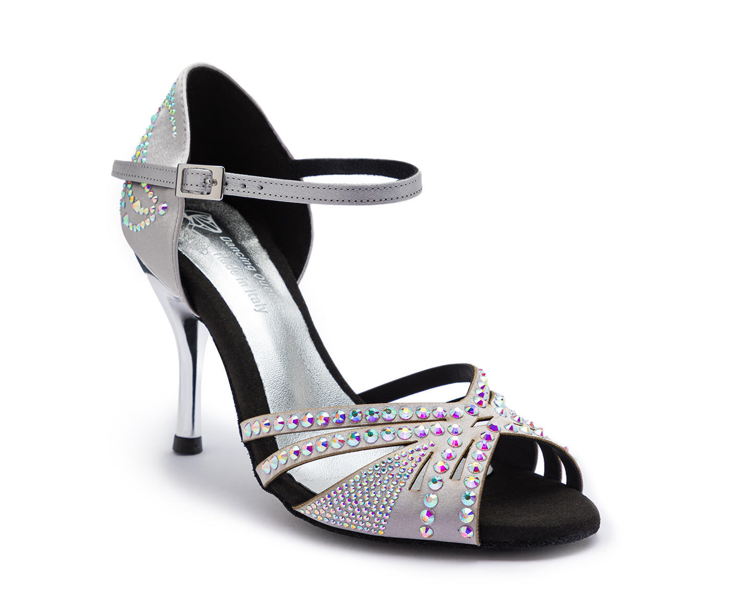 Silberne DQ L3M Tanzschuhe von Dancing Queens: Hoher Absatz, bunte Schmucksteine, Fesselriemchen.