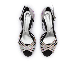 Draufsicht der DQ L3M-Tanzschuhe von Dancing Queens in Silber mit Strass, mit überkreuzten Riemen und Knöchelschnalle.