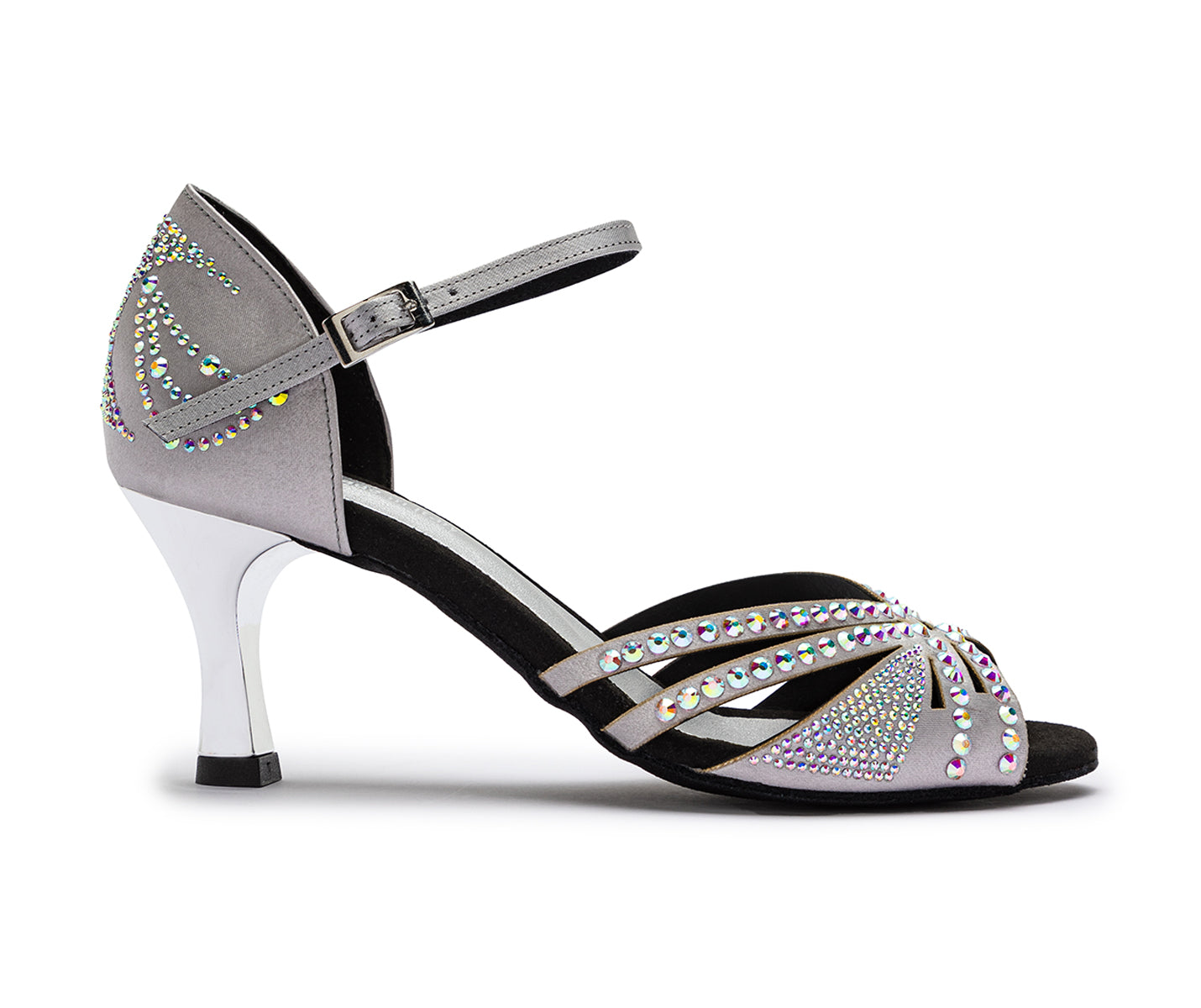 Sparkle Shine Tanzschuhe in Silber Satin von Dancing Queens mit dunkler Sohle und funkelnden Strassdetails.