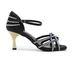 Schwarzer Talita-Tanzschuh von Dancing Queens: Swarovski-Riemen, goldener Absatz, Knöchelriemen.
