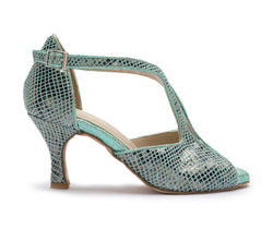 ESP11 Tanzschuhe in Türkis von Dancing Queens, mittelhoher Absatz mit Peeptoe und Knöchelriemen.