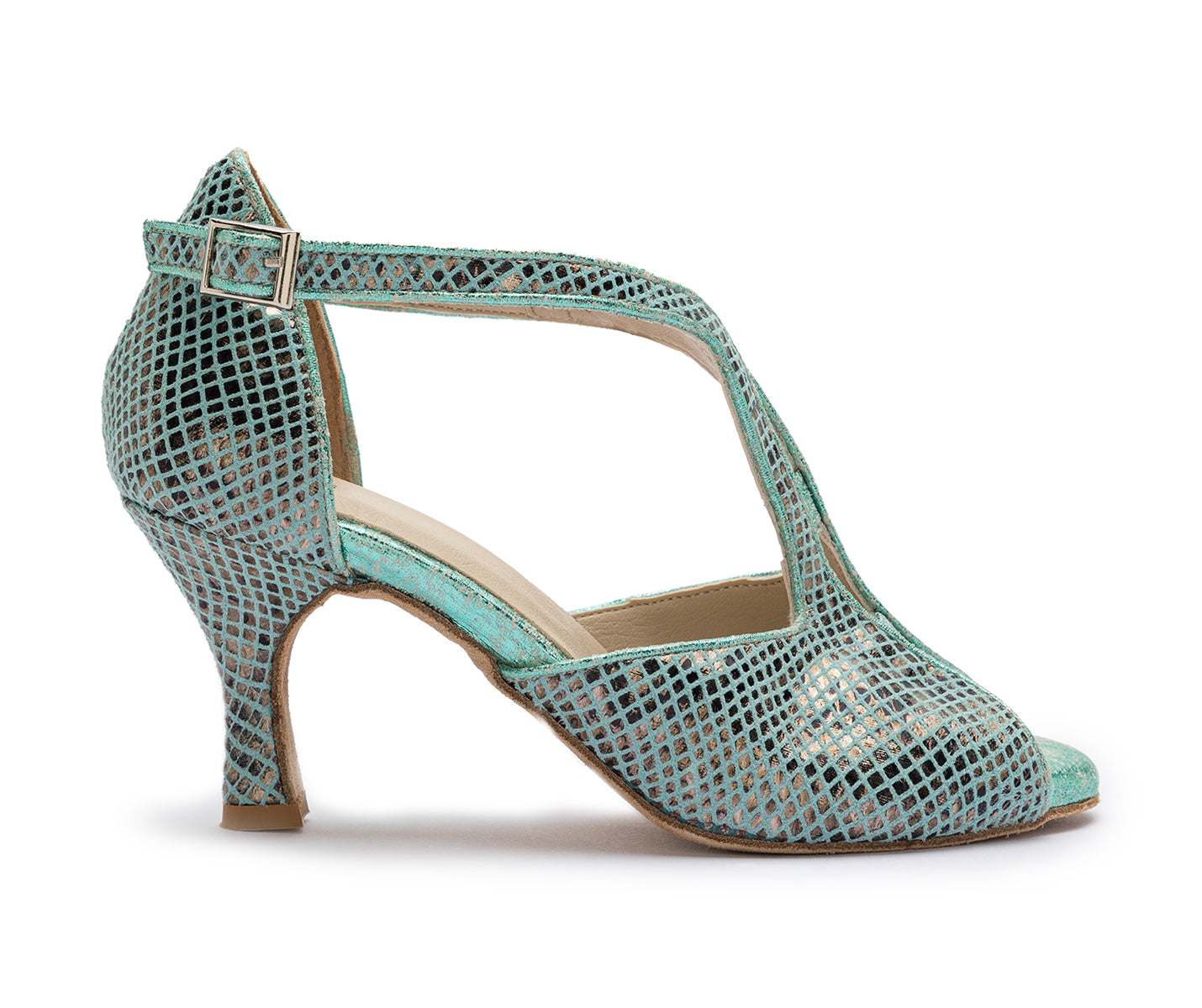 ESP11 Tanzschuhe in Türkis von Dancing Queens, mittelhoher Absatz mit Peeptoe und Knöchelriemen.