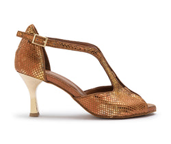 ESP11 Tanzschuhe in Bronze von Dancing Queens, mit metallischem Absatz und goldener Schnalle.