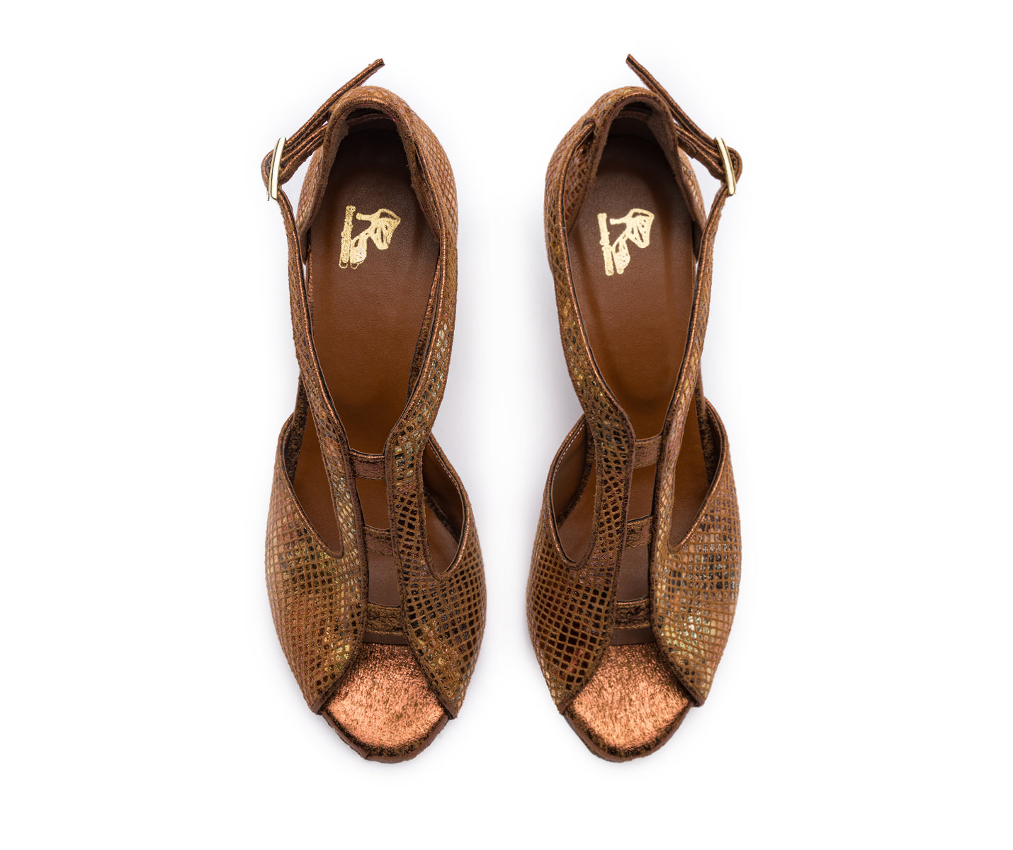 Bronzefarbene ESP11 Peep-Toe-Tanzschuhe mit Knöchelriemen von Dancing Queens.