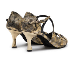Orion Tanzschuhe in Gold von Dancing Queens: gold/schwarze Stöckelschuhe mit Fesselriemchen, von hinten betrachtet.