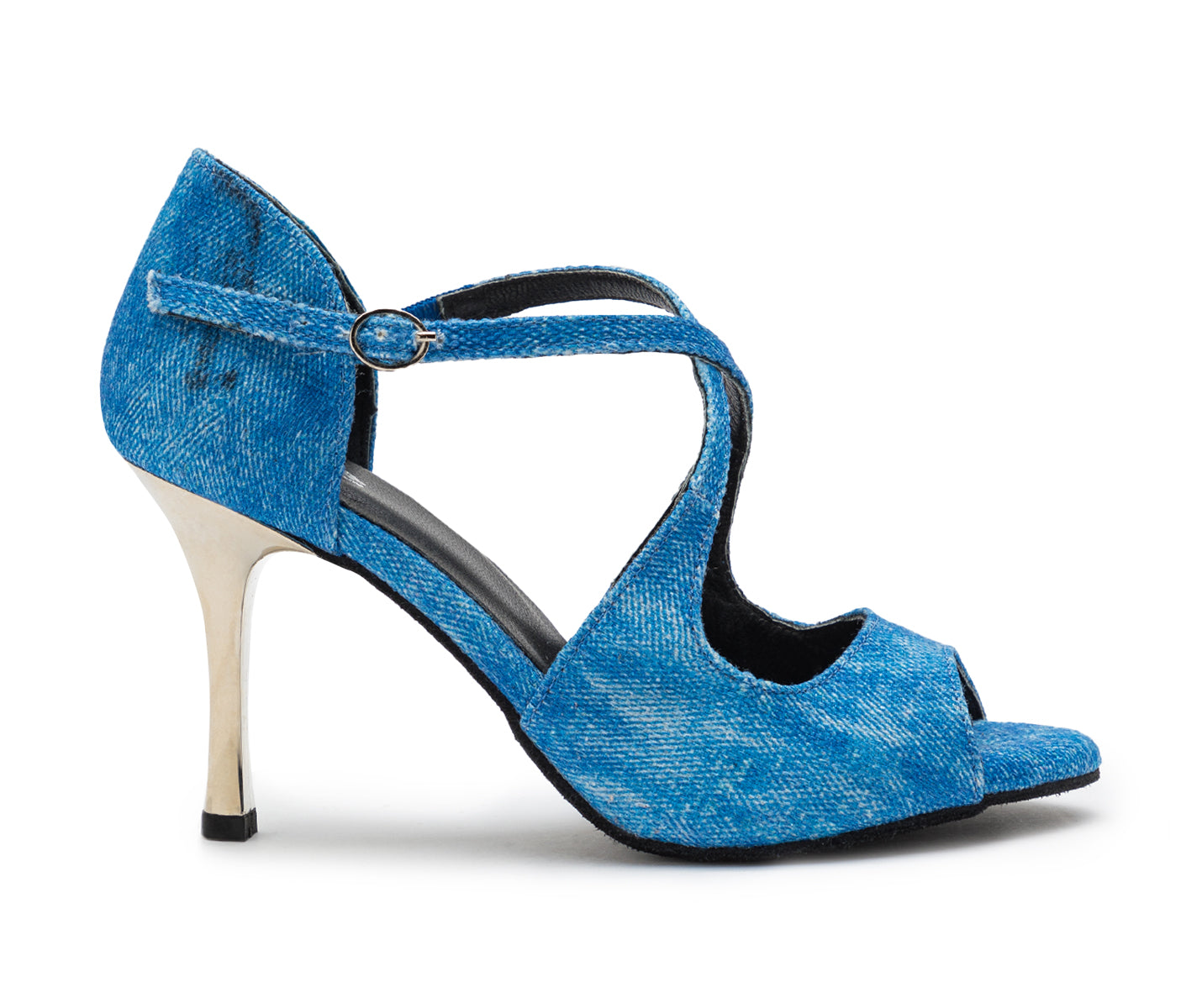 Blaue Dancing Queens Orion Tanzschuhe mit Denim-Look, dünnem Knöchelriemen und bequem geschnittenem Design.