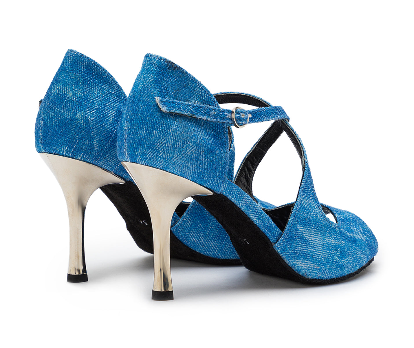 Orion Tanzschuhe von Dancing Queens: Blaue Jeans-Heels mit silbernen Stilettos und überkreuzten Riemen.