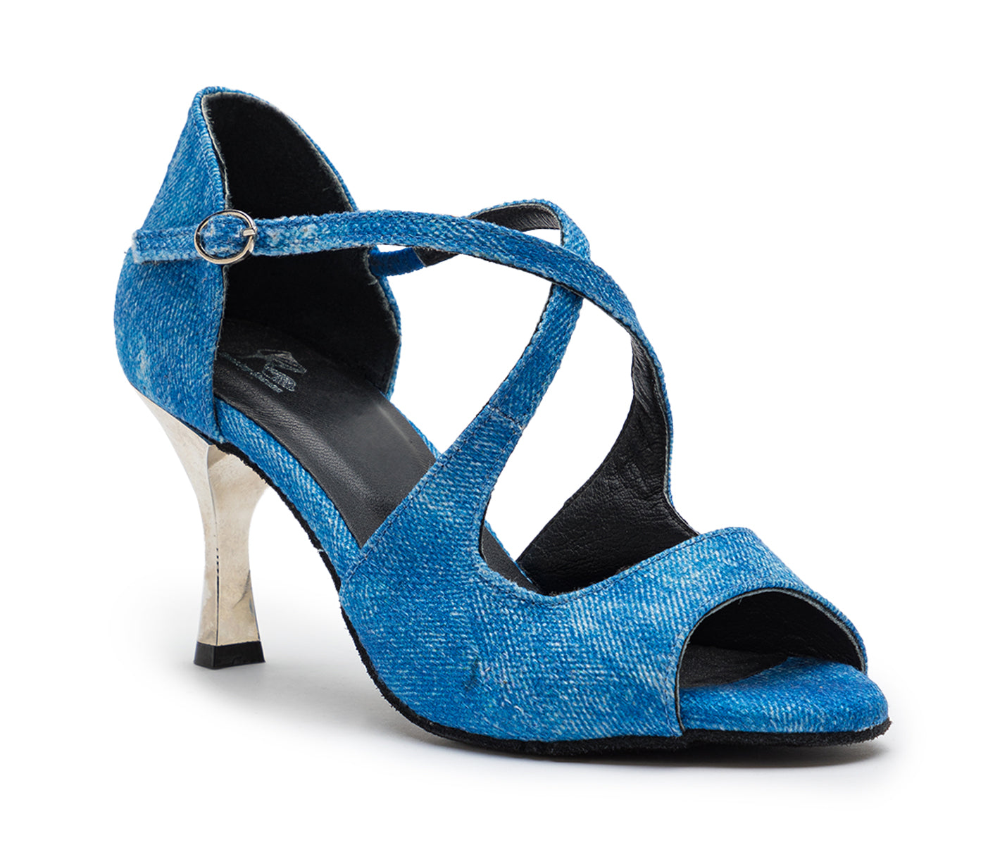Orion Tanzschuhe in Blau Jeans von Dancing Queens: High Heel-Sandalen, überkreuzte Riemen, Metallschnalle.