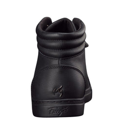 Rückansicht eines Fuego High-Top Dance Sneakers in Schwarz mit Flammenlogo und gepolstertem Schaft von Fuego Dance Shoes.