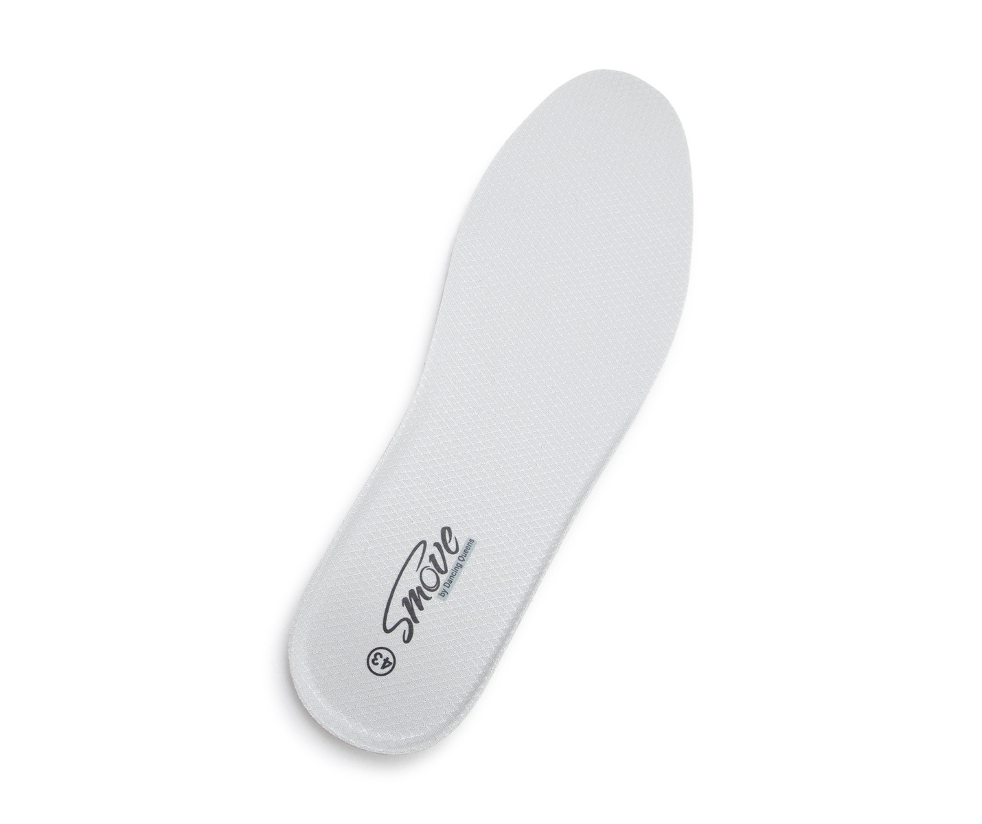 Texturierte weiße SMOVE Breeze Tanzsneaker-Einlegesohle von Dancing Queens, mit schwarzem Shoe Mode-Logo im Fersenbereich.