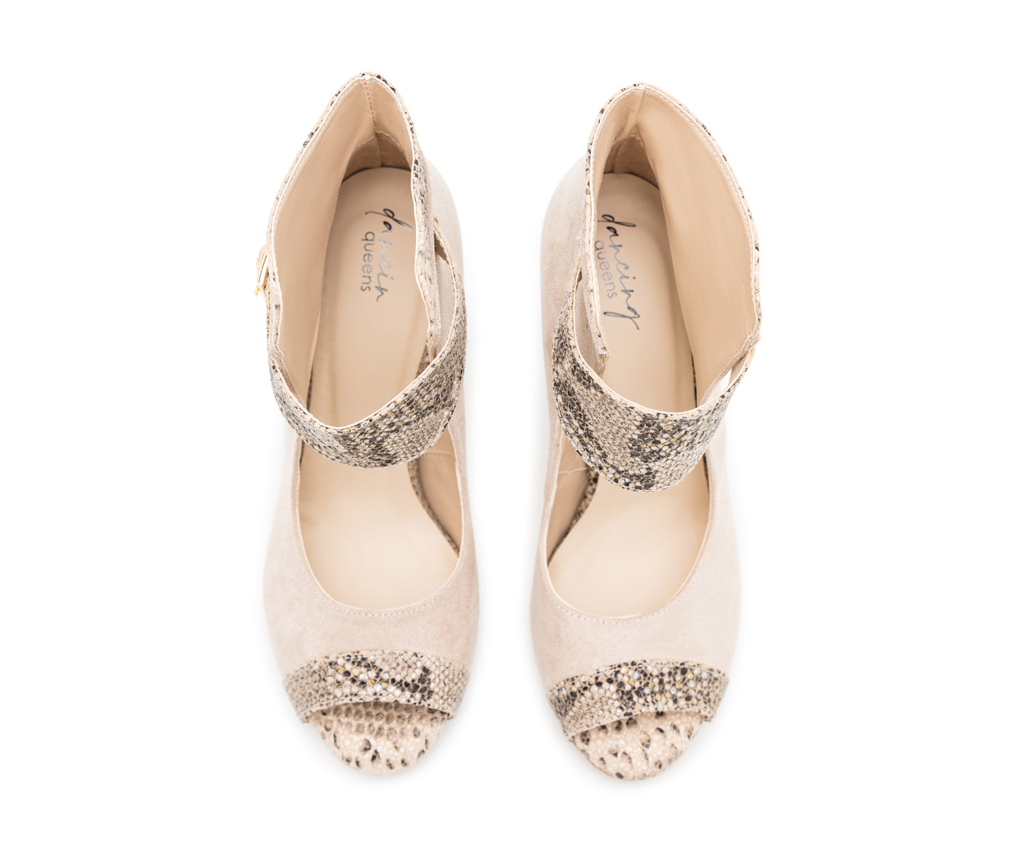 Alioth Tanzschuhe in Beige von Dancing Queens: Draufsicht, Riemen mit Schlangenledermuster, Wildledersohle, Zehenakzente.