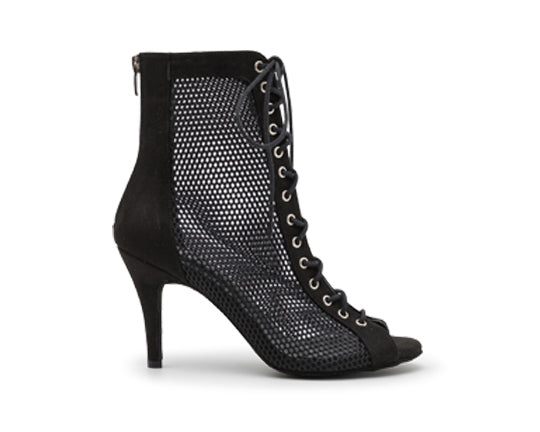 Dancing Queens Magnet Aura schwarzer Wildleder-Stiletto-Stiefel mit offener Zehenpartie und Schnürung vorne.