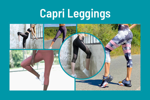 Collage von Personen, die im Freien verschiedene Capri-Leggings vorführen, wobei der Schwerpunkt auf Komfort und Stil liegt.