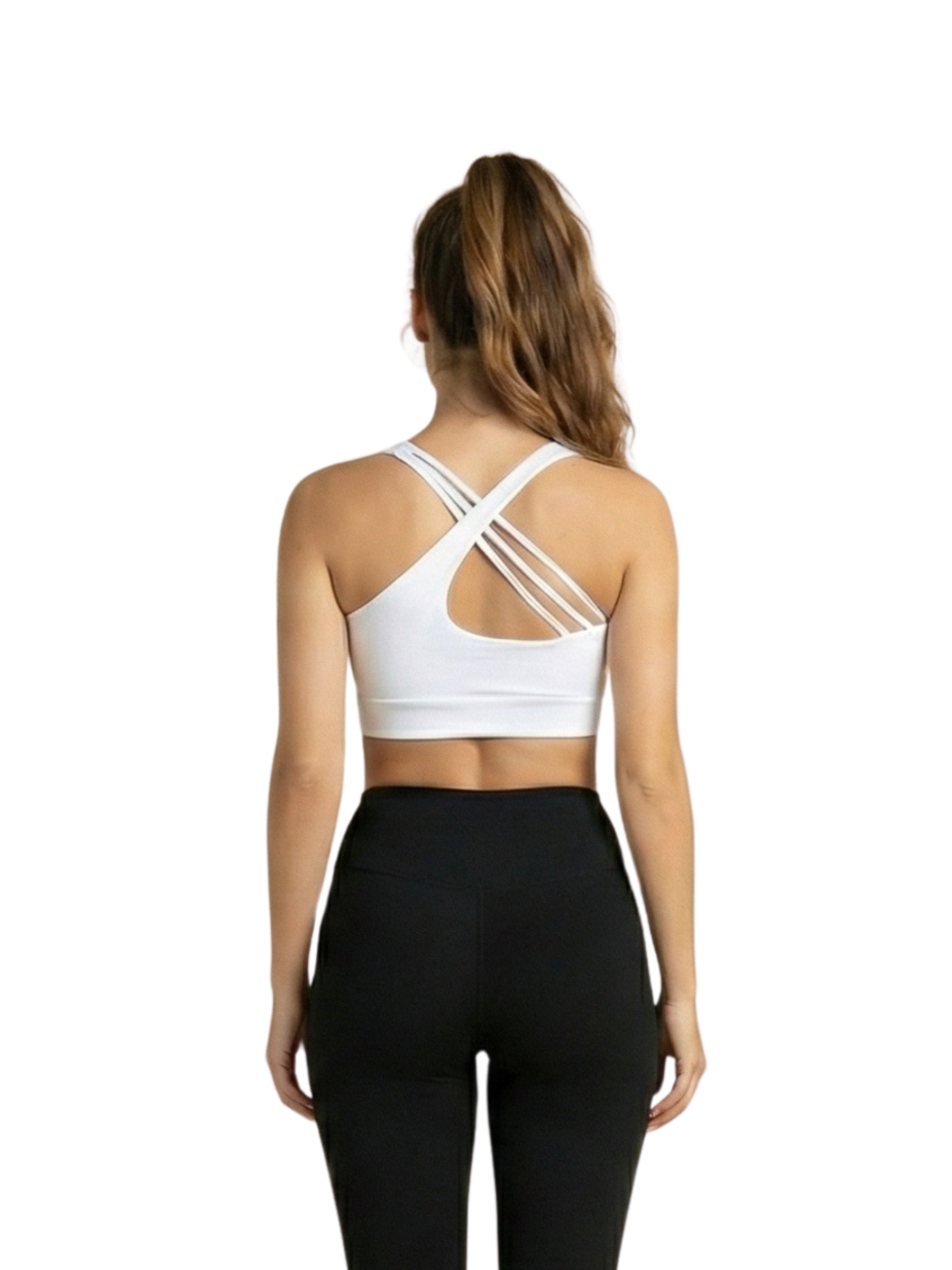 Frau trägt den Lismina 397 Bron Sport Bra in Weiß, von hinten mit schwarzen Leggings auf weißem Hintergrund.