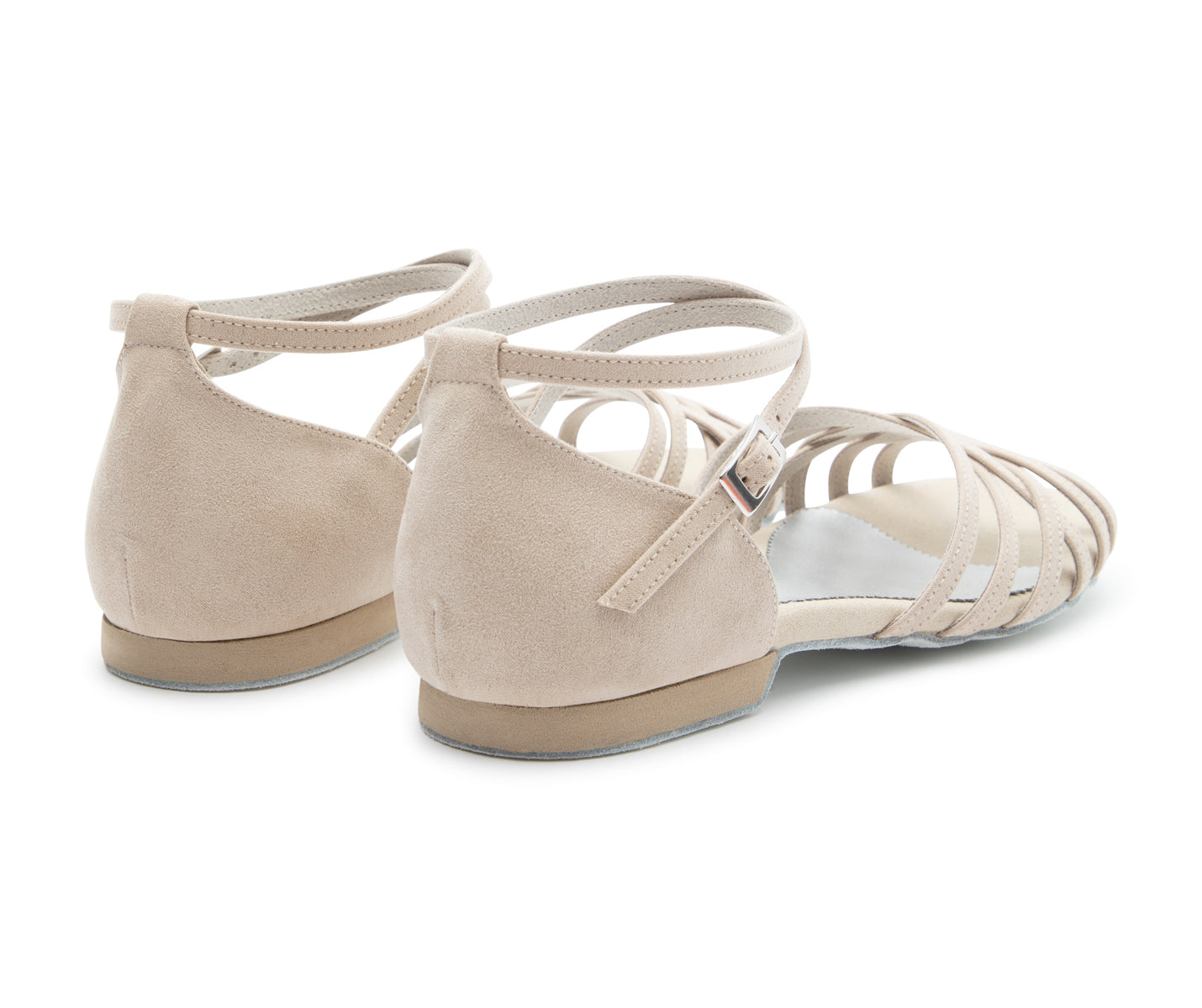 DQ02 flache Tanzschuhe in Beige Wildleder von Dancing Queens mit Kreuzriemen und Knöchelschnallen, Rückansicht.